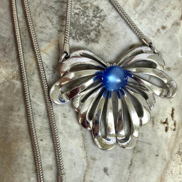 VTG Sterling Silver 925 Forstner Blue Cats Eye Glass Floral Pendant Necklace 16" - Picture 2 of 16